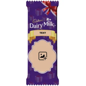 A customized Cadbury Dairy Milk chocolate wrapper template from upahar18 featuring a wavy personalized photo printed frame placeholder and a gold banner with the word "TEXT".