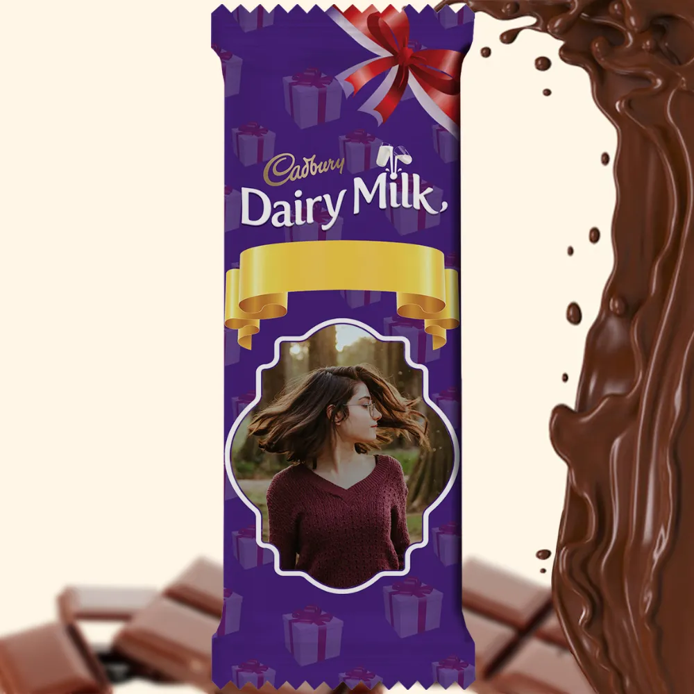 A customized purple Cadbury Dairy Milk wrapper from upahar18 with a personalized photo printed inside an elegant white wavy frame.