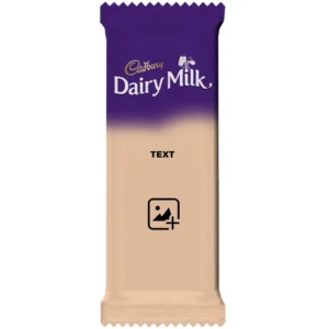 A minimalist customized Cadbury Dairy Milk wrapper mockup from upahar18 with a solid purple top, a large beige personalized section, a "TEXT" placeholder, and an image icon.
