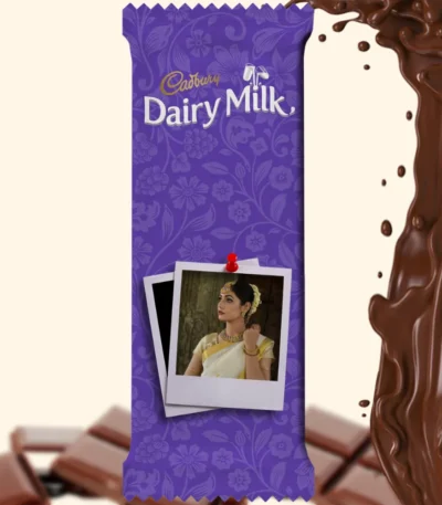 An elegant purple floral patterned customized Cadbury Dairy Milk wrapper from upahar18, featuring a personalized photo printed in a retro Polaroid style.
