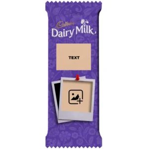 An elegant floral patterned purple customized Cadbury Dairy Milk wrapper design by upahar18, featuring a retro Polaroid frame placeholder and a beige text box.