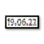 A personalized black rectangular Upahar18 DATE Photo Frame showcasing a high-quality print where a specific date 19.06.22 is designed with a collage of multiple photos of family and friends on a solid white background.