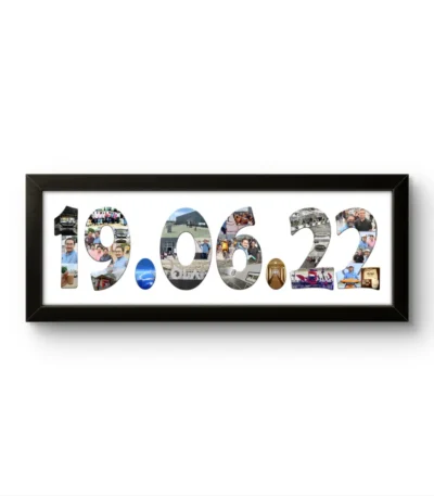 A personalized black rectangular Upahar18 DATE Photo Frame showcasing a high-quality print where a specific date 19.06.22 is designed with a collage of multiple photos of family and friends on a solid white background.