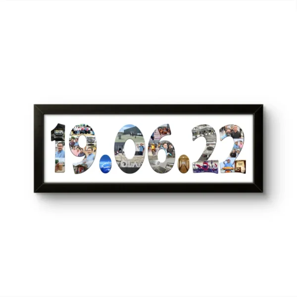 A personalized black rectangular Upahar18 DATE Photo Frame showcasing a high-quality print where a specific date 19.06.22 is designed with a collage of multiple photos of family and friends on a solid white background.
