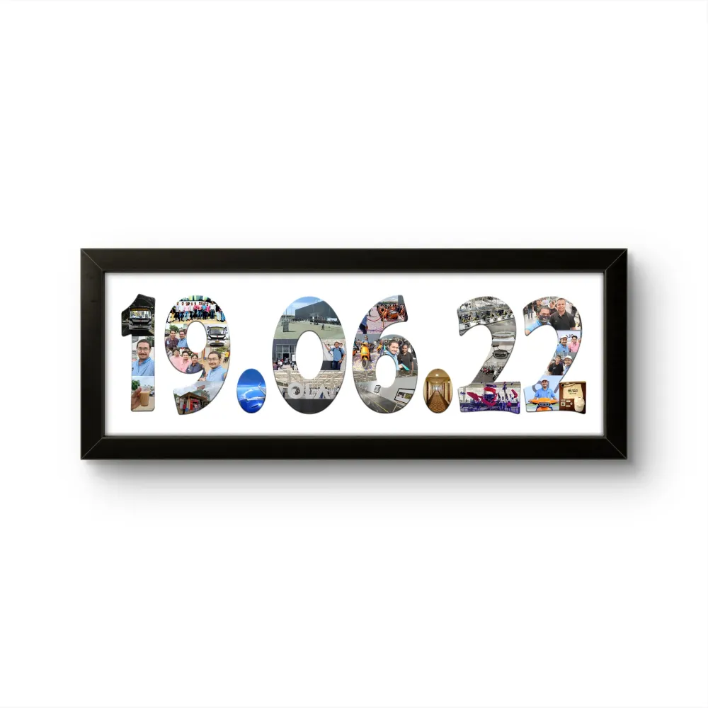 A personalized black rectangular Upahar18 DATE Photo Frame showcasing a high-quality print where a specific date 19.06.22 is designed with a collage of multiple photos of family and friends on a solid white background.