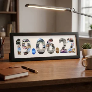 A classic black rectangular Upahar18 DATE Photo Frame with a custom photo collage printed inside the date 19.06.22, neatly sitting on a wooden study table next to a notebook, pen, and desk lamp.