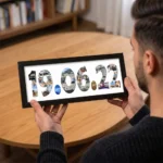 An over-the-shoulder view of a person holding a classic black rectangular Upahar18 DATE Photo Frame that showcases a high-quality print of the date 19.06.22 filled with a custom photo collage, with a wooden table in the background.