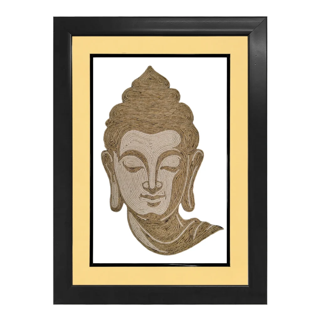 Upahar18 Goutam Buddha Rope Craft Portrait Frame framed in a premium double border consisting of a cream inner mount and a solid black outer frame.