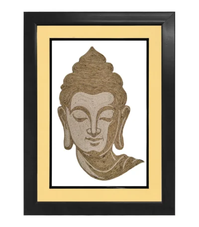 Upahar18 Goutam Buddha Rope Craft Portrait Frame framed in a premium double border consisting of a cream inner mount and a solid black outer frame.