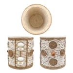 A composite of three images showing a handmade rope pen stand from upahar18. The top image shows the interior, the bottom left image shows the side with seashells, and the bottom right image shows the side with brown twine circles and beads.