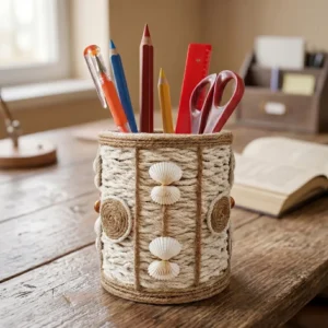 Close-up photograph of a handmade rope pen stand decorated with white seashells and brown twine circles, holding colorful pencils, pens, a red ruler, and red scissors. It is resting on a rustic wooden desk with a window in the blurred background.