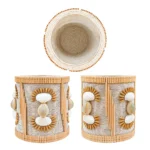 Product showcase of Upahar18 Handmade Eco-Friendly Rope Base Pen Stand from multiple angles. The top circle view displays the clean spiral rope interior, while the two bottom views show the uniform seashell patterns, cowrie shell centers, and bamboo stick framing around the entire desk organiser.