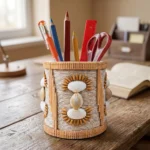 Upahar18 Handmade Eco-Friendly Rope Base Pen Stand filled with stationery items like pens, pencils, a ruler, and scissors on a rustic wooden study table. This artistic desk organiser features a natural rope-wrapped cylindrical base adorned with white seashells, traditional cowrie shells, and vertical bamboo stick borders.