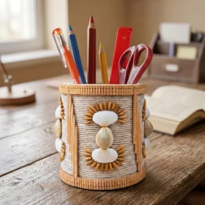 Upahar18 Handmade Eco-Friendly Rope Base Pen Stand filled with stationery items like pens, pencils, a ruler, and scissors on a rustic wooden study table. This artistic desk organiser features a natural rope-wrapped cylindrical base adorned with white seashells, traditional cowrie shells, and vertical bamboo stick borders.