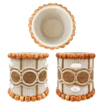 Multi-angle showcase of Upahar18 Handmade Eco-Friendly Rope Base Pen Stand. The top view reveals a spacious, clean spiral-wrapped interior, while the bottom side panels illustrate the symmetrical placement of seed flowers and decorative wooden beads all around the desk organiser.