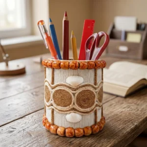 Upahar18 Handmade Eco-Friendly Rope Base Pen Stand on a study table next to an open book, featuring an artistic flower motif made from natural wooden seeds and bordered with brown wooden beads. The unique desk organiser neatly holds pencils, pens, a ruler, and scissors.