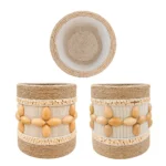 Product presentation of Upahar18 Handmade Eco-Friendly Rope Base Pen Stand from multiple views. The top angle reveals a deep and cleanly finished spiral rope interior, while the bottom panels show the continuous, seamless design of wooden seed flowers wrapped around the desk organiser.