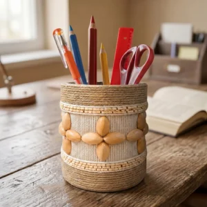 Upahar18 Handmade Eco-Friendly Rope Base Pen Stand on a rustic wooden study desk, displaying a dual-tone design with a cream middle section, brown rope trims, and four-petal wooden seed flowers. This elegant desk organiser is holding pencils, pens, a red scale, and scissors.