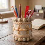 Upahar18 Handmade Eco-Friendly Rope Base Pen Stand placed on a vintage wooden study desk filled with pencils, pens, a red scale, and scissors. This coastal-themed desk organiser features real polished cowrie shells along the brown borders and a central pattern of 4-petal wooden seed flowers on a cream rope base.