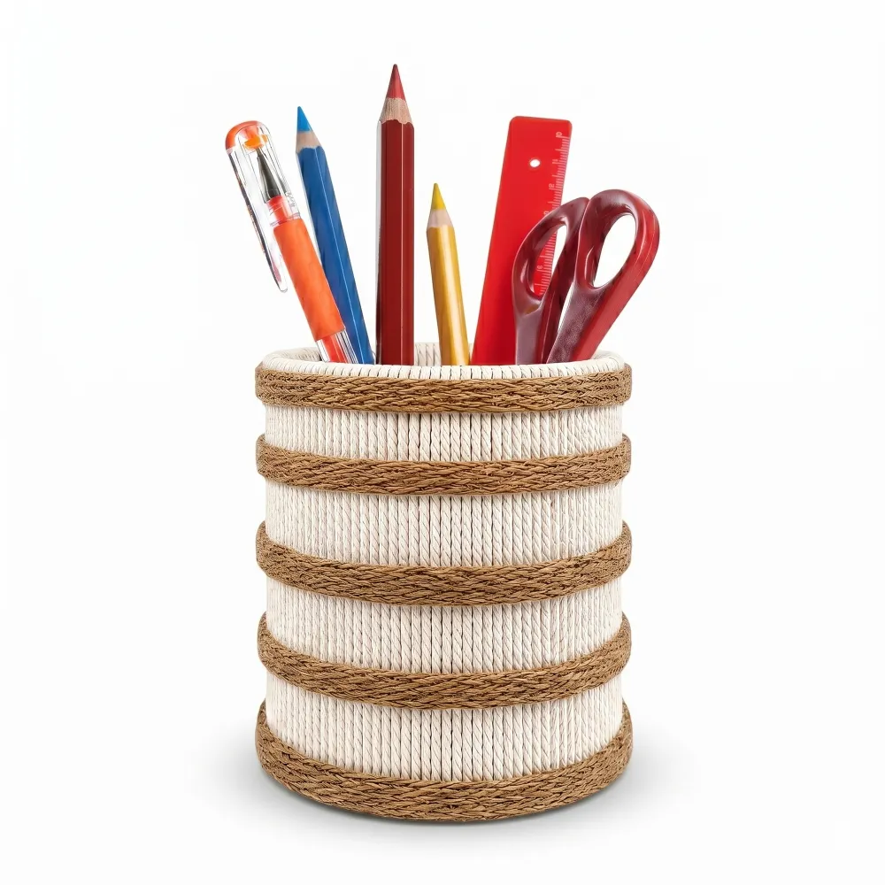 Studio shot of Upahar18 Handmade Eco-Friendly Rope Base Pen Stand against a white background. This minimal desk organiser features a cream-colored woven rope cylinder encircled by five horizontal dark brown jute rope bands, holding colorful pencils, pens, a scale, and scissors.