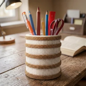 Upahar18 Handmade Eco-Friendly Rope Base Pen Stand beautifully arranged on a vintage wooden study desk near an open book and a desk lamp. The striped cream and brown desk organiser is packed with everyday writing tools, pens, and scissors.