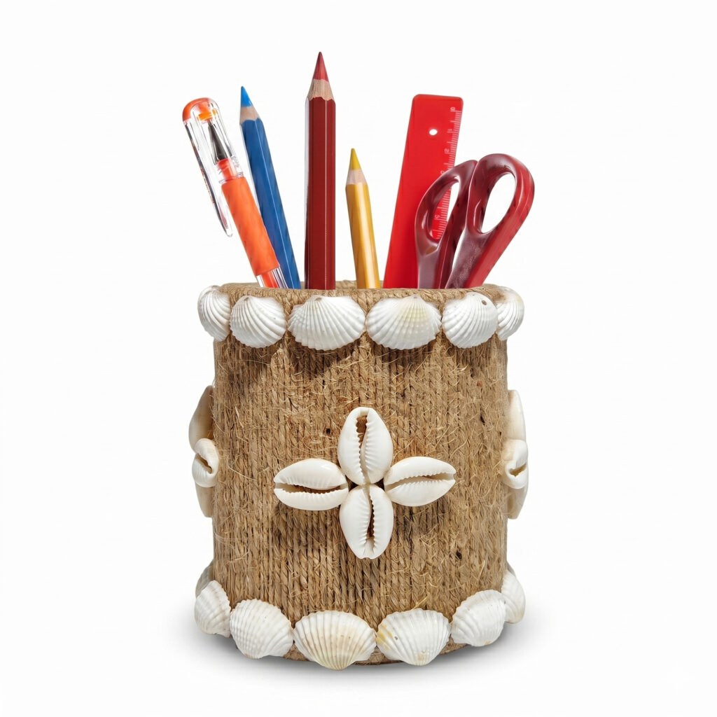 Studio shot of Upahar18 Handmade Eco-Friendly Rope Base Pen Stand against a clean white background. This rustic desk organiser features a natural brown coir rope body decorated with white seashells on the rims and a central four-petal cowrie shell floral motif, filled with pens, pencils, a ruler, and scissors.