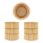 A multi-angle product feature of the Upahar18 handmade wooden stick pen stand against a white backdrop. The top panel shows an interior view with vertical wooden sticks and a tightly woven spiral base, while the bottom panel displays two identical colorful stick-based pen holders side-by-side.