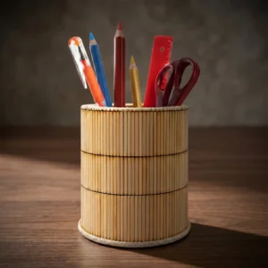 A cylindrical handmade pen stand on a dark wooden office desk, creatively designed with vertical multicolored wooden sticks. The holder contains colorful pencils, a black pen, a red ruler, and scissors, set against a warm, softly blurred study room background.