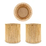 A comprehensive multi-angle product showcase of the Upahar18 handmade wooden stick pen holder on a white background. The top panel features a birds-eye view showing a woven spiral base encircled by wooden sticks, and the bottom panel shows a matching pair of natural-tone pen stands side-by-side.