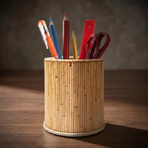 A natural tan cylindrical handmade pen stand resting on a dark wooden office desk. Crafted with a texture of thin vertical natural wooden sticks, it holds stationery including an orange pen, color pencils, a red ruler, and scissors under warm, artistic office lighting.
