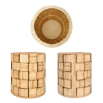A multi-perspective product display of the Upahar18 handmade checkered wooden stick pen stand. The top circular image reveals a clean internal view with a spiral woven rope base, while the bottom section displays two identical patterned pen stands placed side-by-side on a white backdrop.