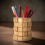 A cylindrical handmade pen stand featuring an artistic checkerboard pattern made from blocks of tiny natural wooden sticks, placed on a warm dark wooden desk. The organizer holds stationery like pencils, an orange pen, a red ruler, and maroon scissors under soft studio lighting.