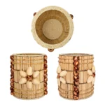 A multi-angle view of the Upahar18 handmade floral pen stand over a white background. The top circular panel features a bird's-eye view of the interior with a neatly coiled woven rope base surrounded by vertical wooden sticks, while the bottom section shows front and side profiles of two identical stands with the pistachio flower design.