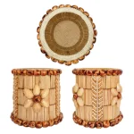 A multi-perspective studio showcase of the Upahar18 handmade wooden stick pen holder. The upper circle displays a top-down view of a coiled rope base, while the lower section features a front view with a pistachio flower motif and a back view showing a beautiful vertical braided chevron pattern on the wood sticks.