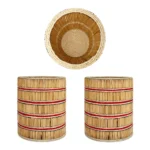 A multi-angle product showcase of the Upahar18 handmade striped pen stand. The upper image displays a top-down inner view showcasing a spiral woven rope base encircled by natural wooden sticks, while the lower panel features a side-by-side view of two matching striped pen holders on a plain white backdrop.