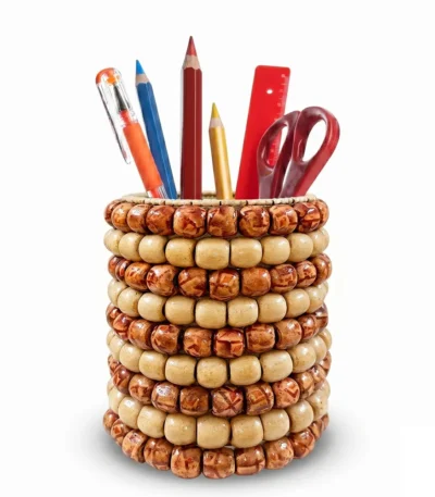 A multi-angle product showcase of the Upahar18 handmade wooden beads pen stand against a white background. The top section shows a top-down view displaying a neatly spiraled woven base surrounded by vertical wooden sticks, while the bottom section displays two identical bead-layered pen holders side-by-side.