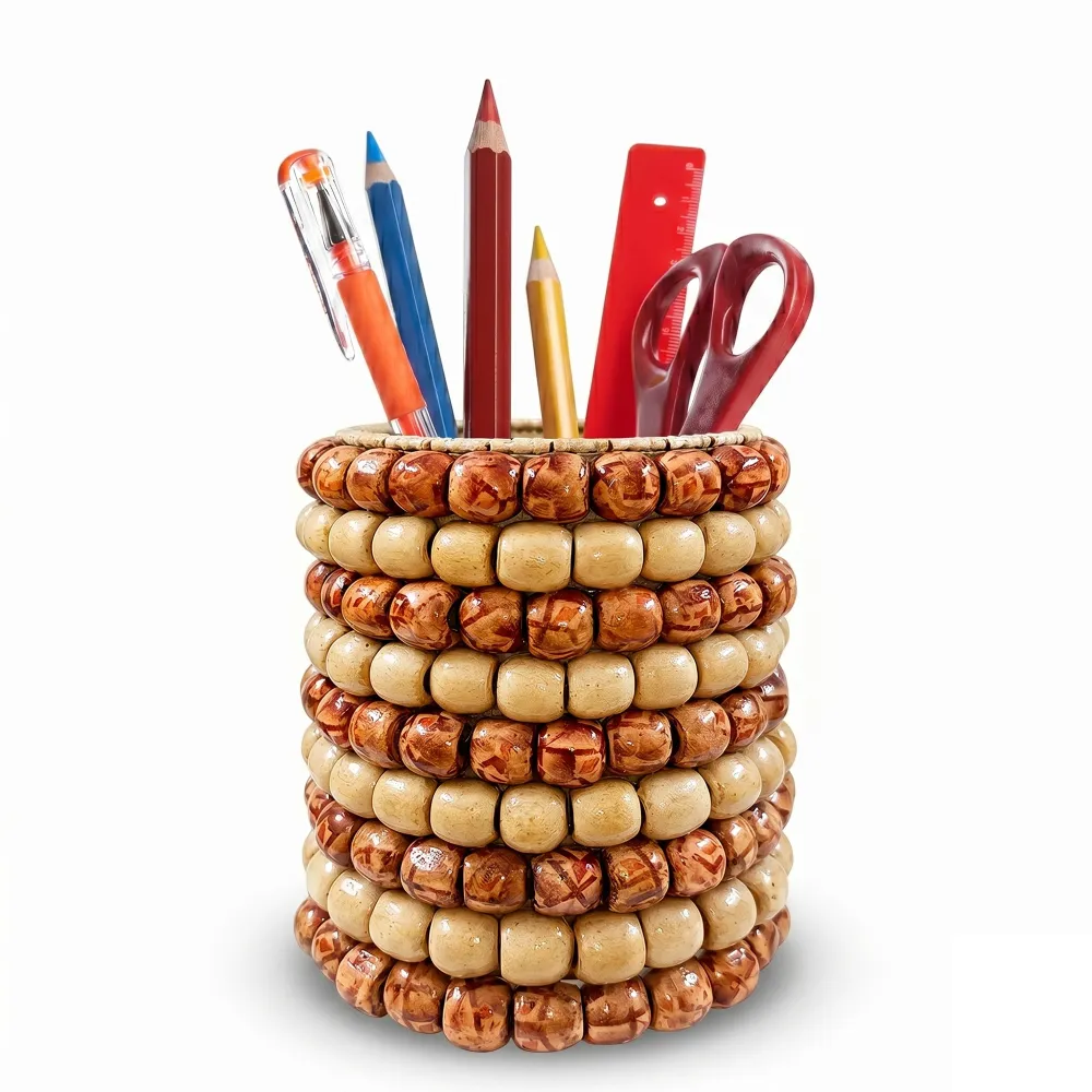 A multi-angle product showcase of the Upahar18 handmade wooden beads pen stand against a white background. The top section shows a top-down view displaying a neatly spiraled woven base surrounded by vertical wooden sticks, while the bottom section displays two identical bead-layered pen holders side-by-side.
