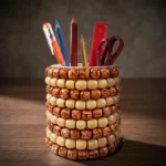 A cylindrical handmade pen stand crafted from alternating rows of dark patterned and light cream wooden beads, placed on a dark wooden desk. Inside the holder are colorful pencils, a pen, a red ruler, and a pair of scissors, creating a professional office desk setup with a soft-focus background.