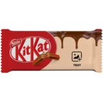 A horizontal upahar18 customized red kitkat wrapper mockup showcasing a blank beige section with an image placeholder icon, the word "TEXT", and dripping melted chocolate.