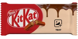 A horizontal upahar18 customized red kitkat wrapper mockup showcasing a blank beige section with an image placeholder icon, the word "TEXT", and dripping melted chocolate.