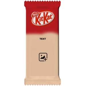 A minimalist customized kitkat chocolate wrapper mockup from upahar18 with a red top, a large beige personalized section, a placeholder text box, and an image icon.