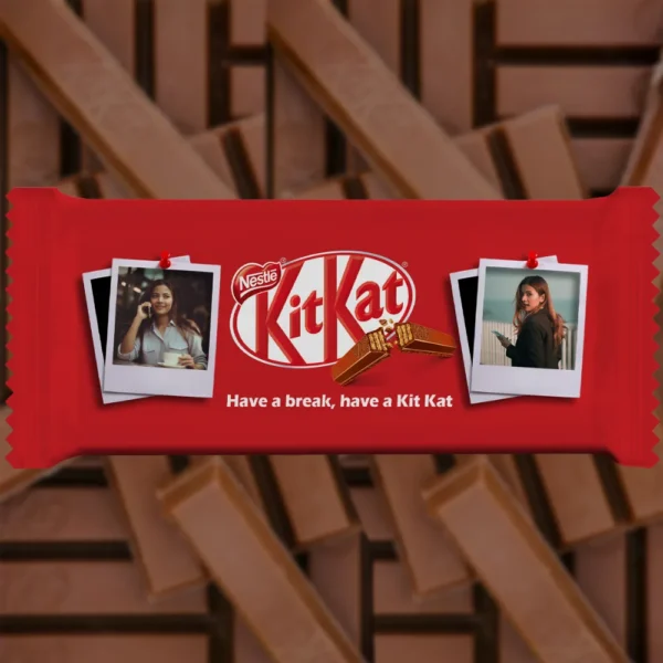 A customized red kitkat bar from upahar18 wrapped in a personalized photo printed design that features two separate polaroid pictures pinned to the cover.