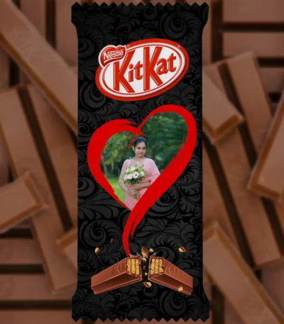 An elegant black swirl patterned upahar18 customized kitkat chocolate wrapper, featuring a personalized photo printed image inside a large red brush-stroke heart frame.