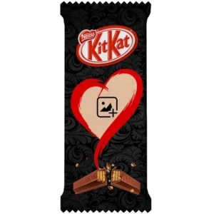 An elegant black textured swirl patterned customized kitkat wrapper from upahar18, showing a large red brush-stroke heart frame placeholder for a personalized image.