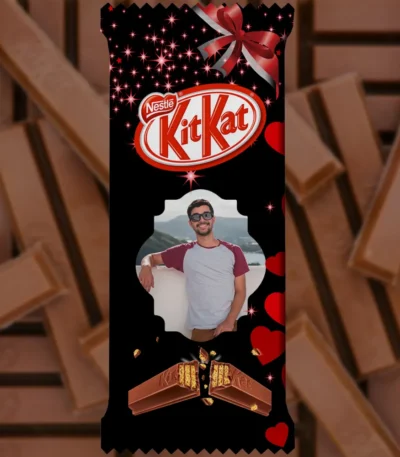 A customized black kitkat wrapper from upahar18 decorated with red hearts, red stars, a gift bow, and a personalized photo printed portrait of a man inside a wavy frame.