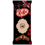 A vertical black kitkat wrapper template from upahar18 adorned with red hearts, starbursts, a gift bow, and a blank personalized photo printed frame placeholder.