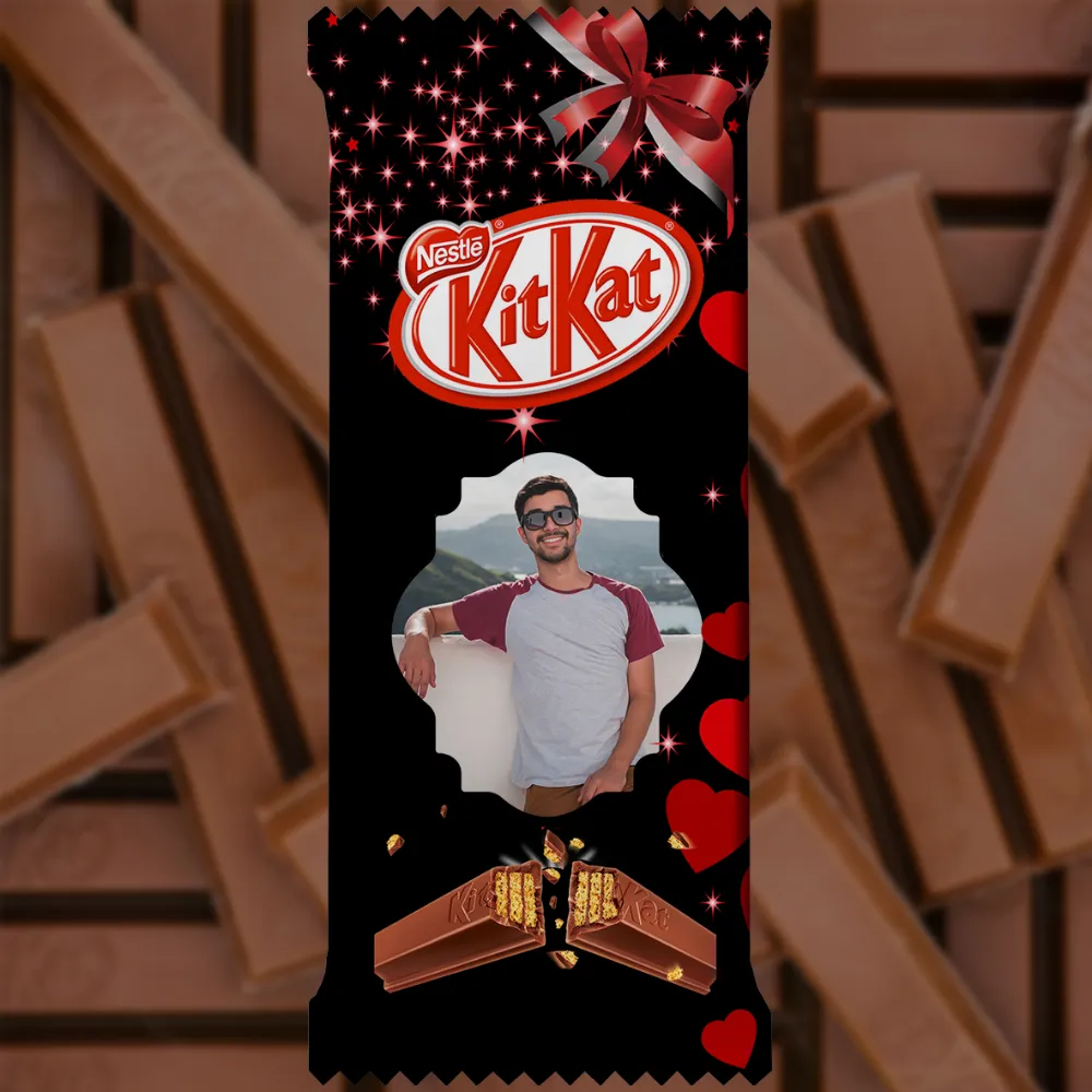 A customized black kitkat wrapper from upahar18 decorated with red hearts, red stars, a gift bow, and a personalized photo printed portrait of a man inside a wavy frame.