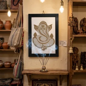 Upahar18 Lord Ganesha Rope Craft Portrait Frame hanging on a rustic wall in a traditional shop or home temple setting above burning incense sticks releasing smoke.