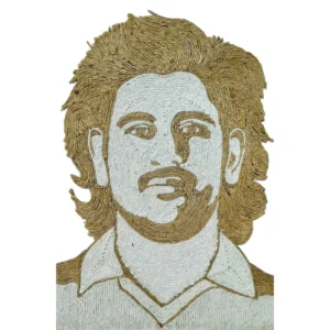 A cutout rope craft portrait of cricketer MS Dhoni featuring his classic vintage long hairstyle and collar jersey, crafted using natural brown jute and white threads.