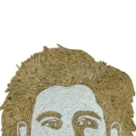 A detailed macro close-up shot of a rope craft portrait of MS Dhoni, focusing on the intricate layering of brown jute threads on the hair and forehead contours.